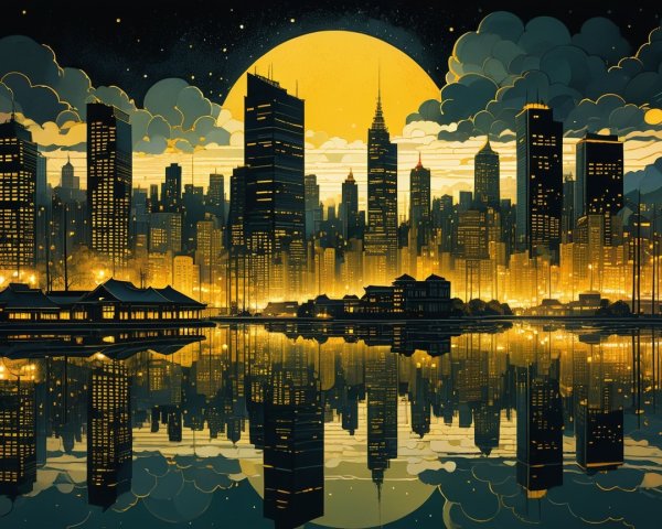 Vibrant City Skyline Under Golden Moonlight