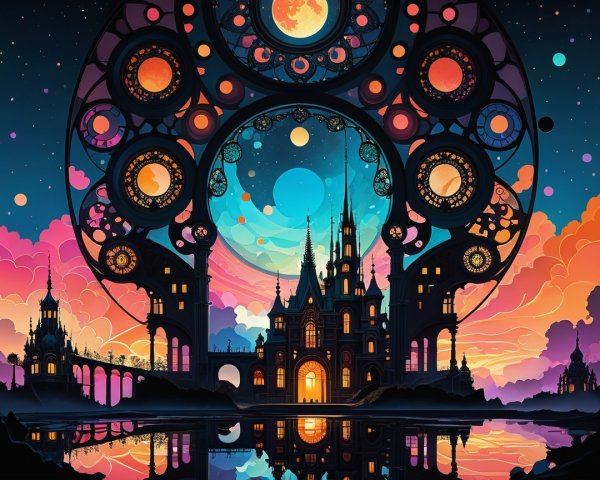 Vibrant Castle at Sunset with Celestial Motifs