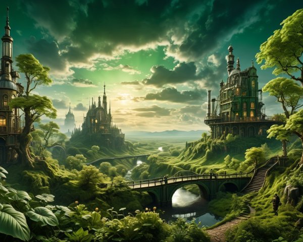 Fantastical Landscape with Castles and Lush Greenery