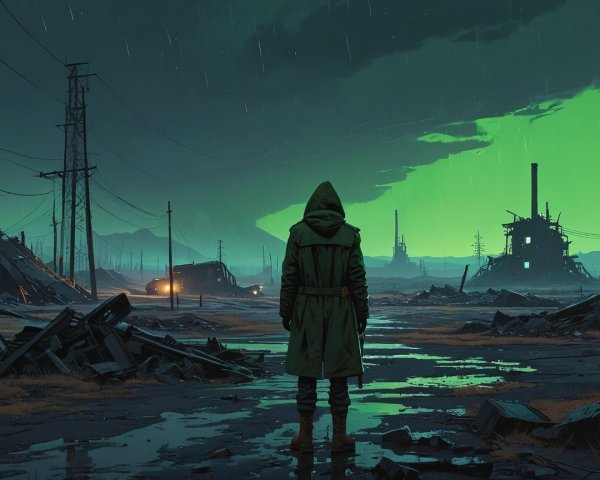 Figure in Hooded Coat in Desolate Landscape