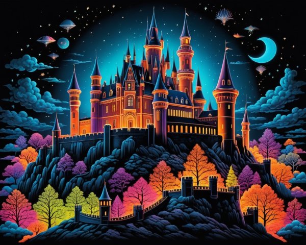 Vibrant Castle on Rocky Hill Under Starry Night Sky