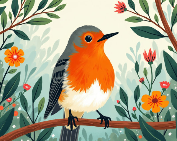 Vibrant Bird Illustration on Branch with Flowers