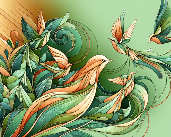 Stylized Birds in Flight Among Green and Orange Foliage
