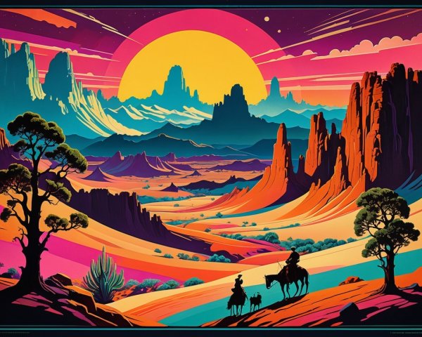 Vibrant Sunset Over Desert Landscape with Horseback Riders