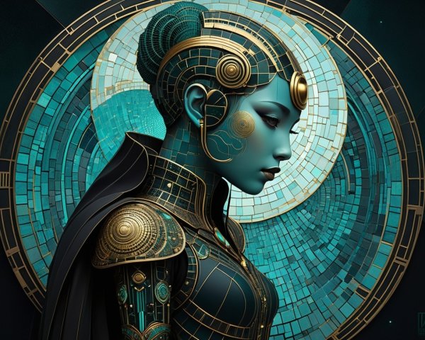 Futuristic Woman with Golden and Teal Patterns