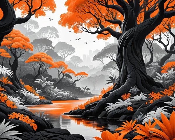 Neo-Pop Art Landscape with Black Trees and Orange Leaves
