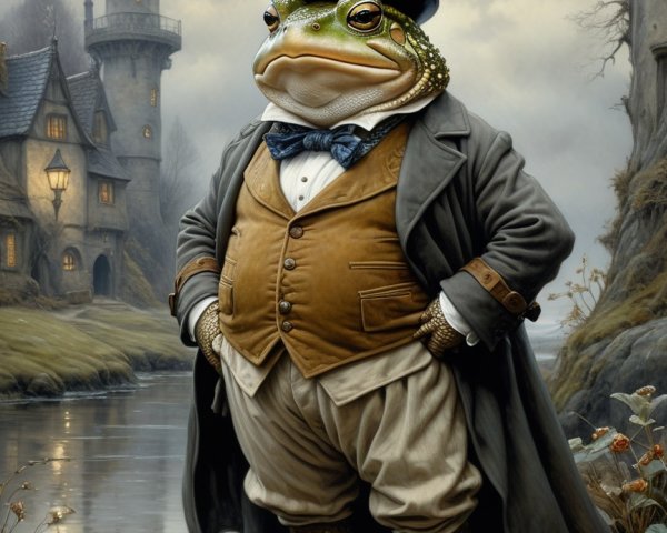 Toad in Formal Attire by Misty River at Twilight