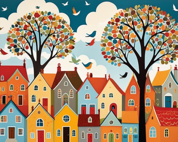 Vibrant village scene with colorful houses and trees