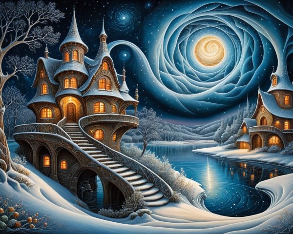 Whimsical Winter Scene with Fairy-Tale Houses
