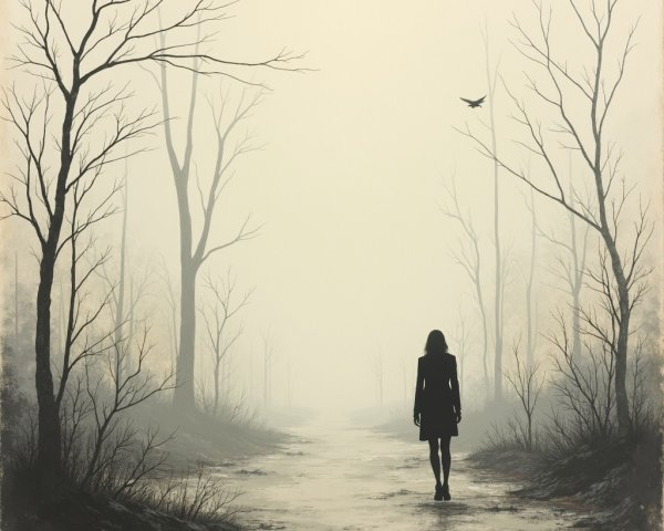 Solitary Figure on Misty Path with Bare Trees