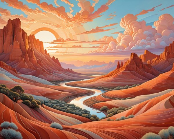 Dramatic Red Rock Landscape at Sunset with River