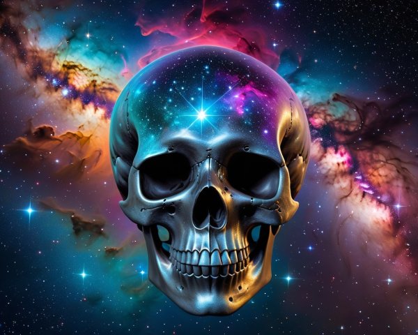 Digital Artwork of Black Skull Against Cosmic Background
