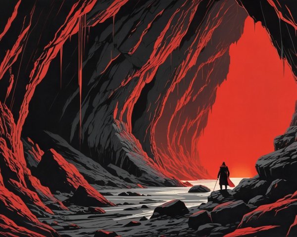 Solitary Figure by a Red-Glowing River Landscape