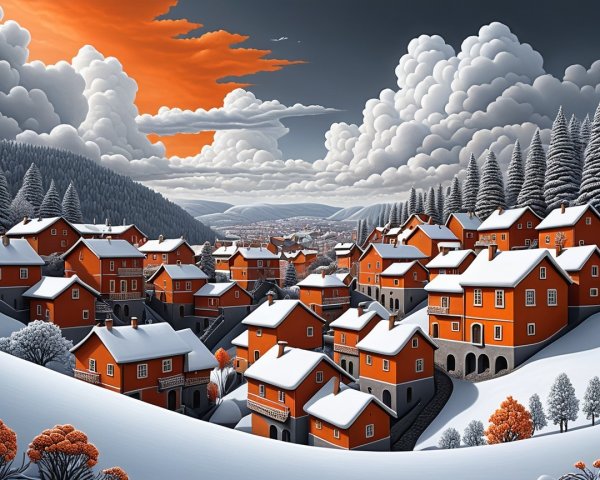Winter Landscape with Village in Snowy Valley