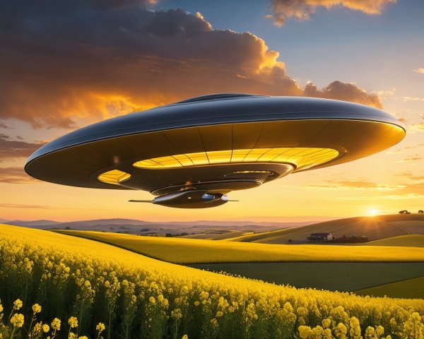 Futuristic UFO Over Vibrant Yellow Field at Sunset