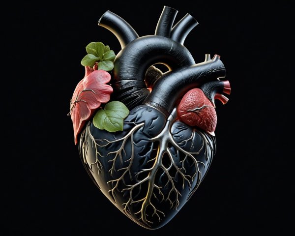 Stylized Anatomical Heart with Dark Veins and Leaves