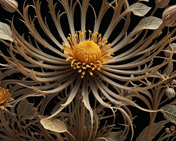 Intricate Flower with Gold and Brown Petals on Dark Background
