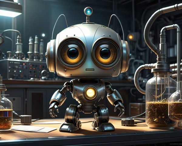 Futuristic Robot in Laboratory with Colorful Liquids