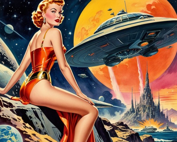 Glamorous Woman in Red Dress with Futuristic Elements