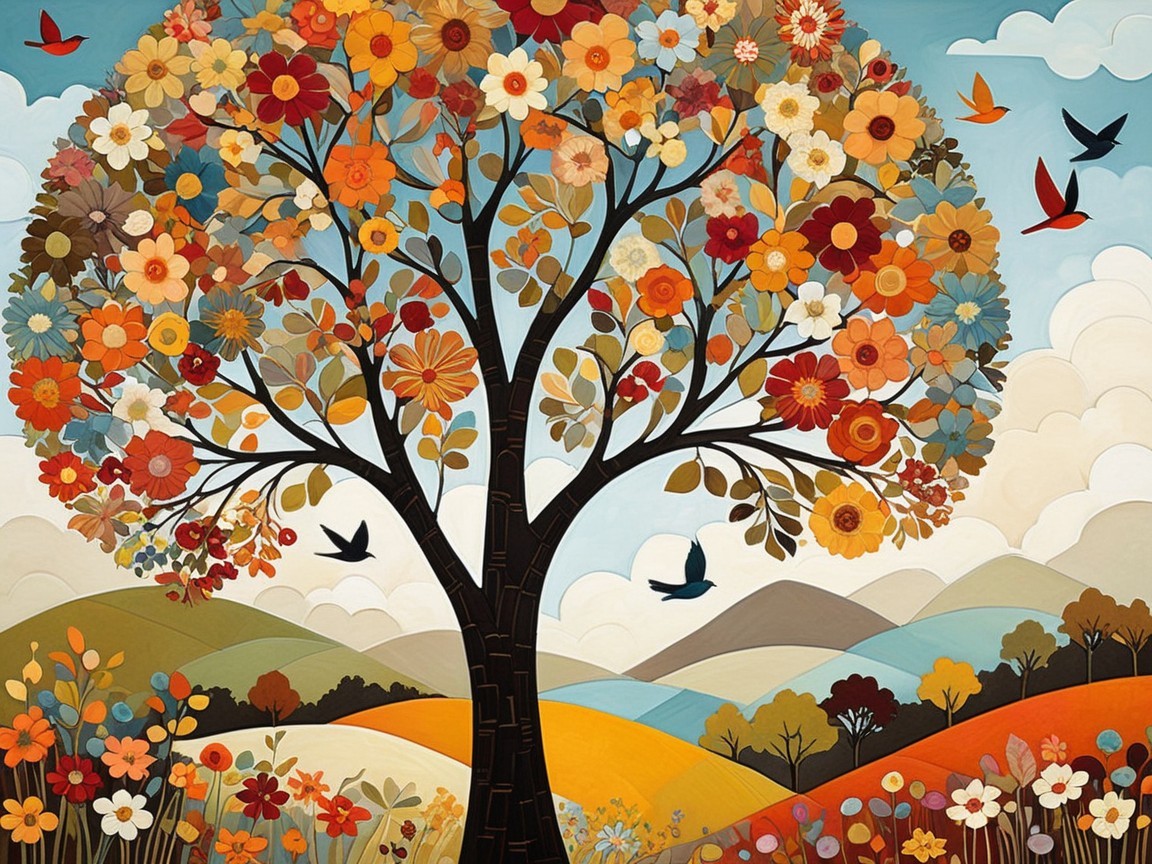 Vibrant Autumn Scene with Colorful Flowers and Hills