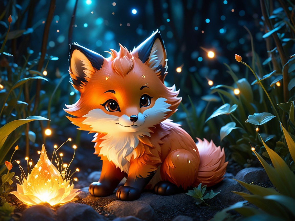 Cartoon Fox in Lush Forest with Magical Fireflies
