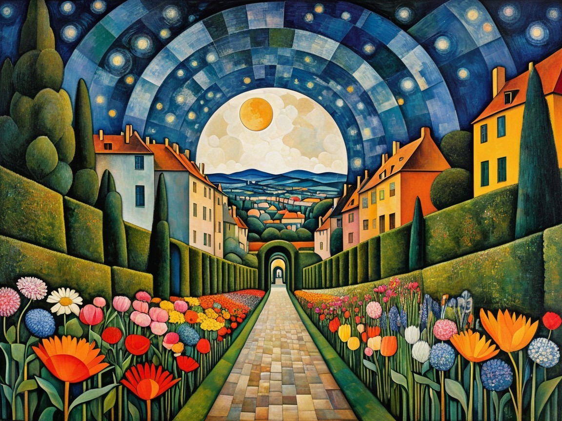 Whimsical Garden Landscape with Stone Pathway and Moon