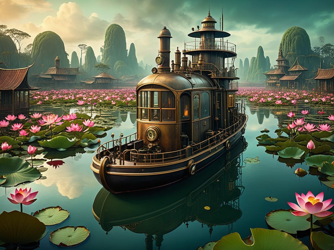 Steampunk Boat in Serene Lotus Flower Landscape