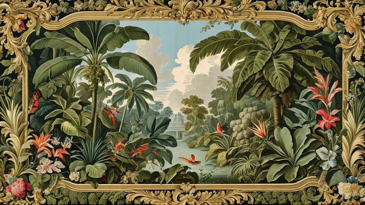 Vibrant Tropical Landscape with Lush Plants and Birds
