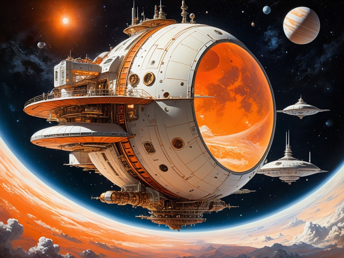 Futuristic Spacecraft Orbiting Vibrant Orange Planet