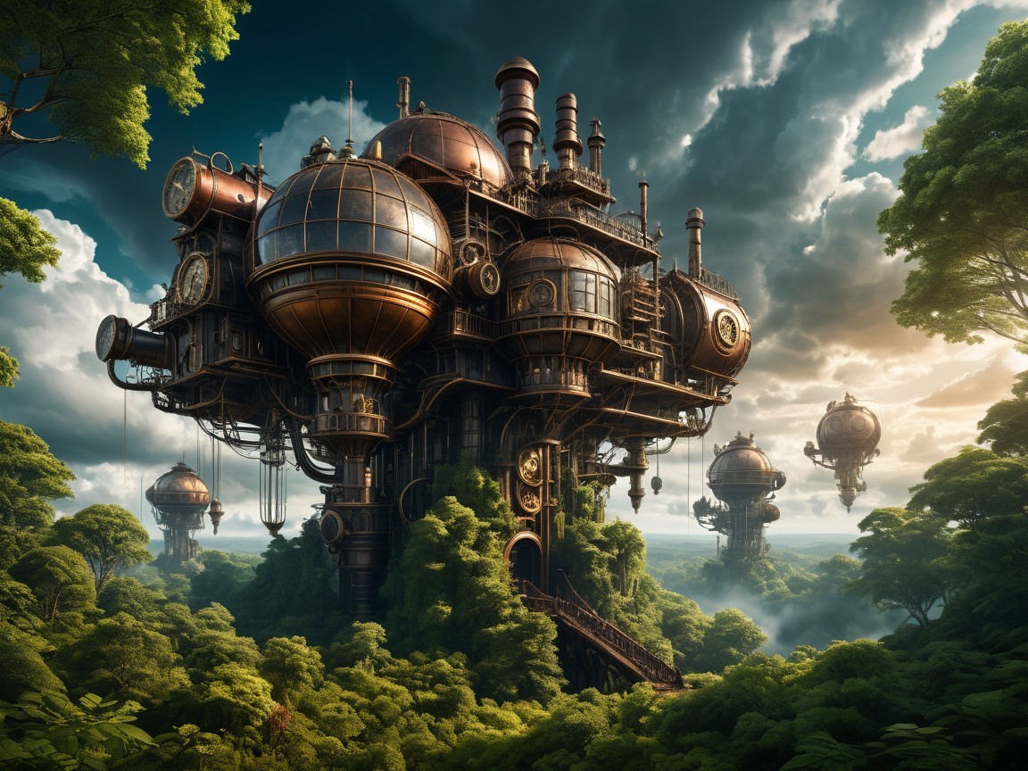 Steampunk Utopia with Metallic Structures and Airships