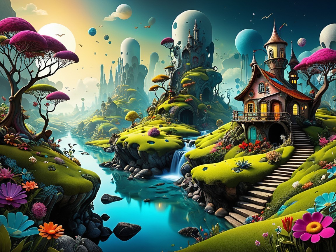Whimsical Landscape with Vibrant Flowers and Castles