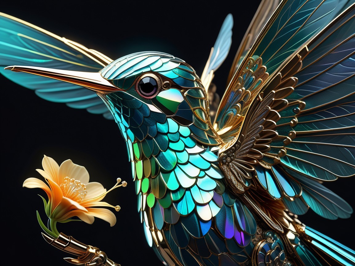 Vibrant Metallic Hummingbird with Orange Flower Detail