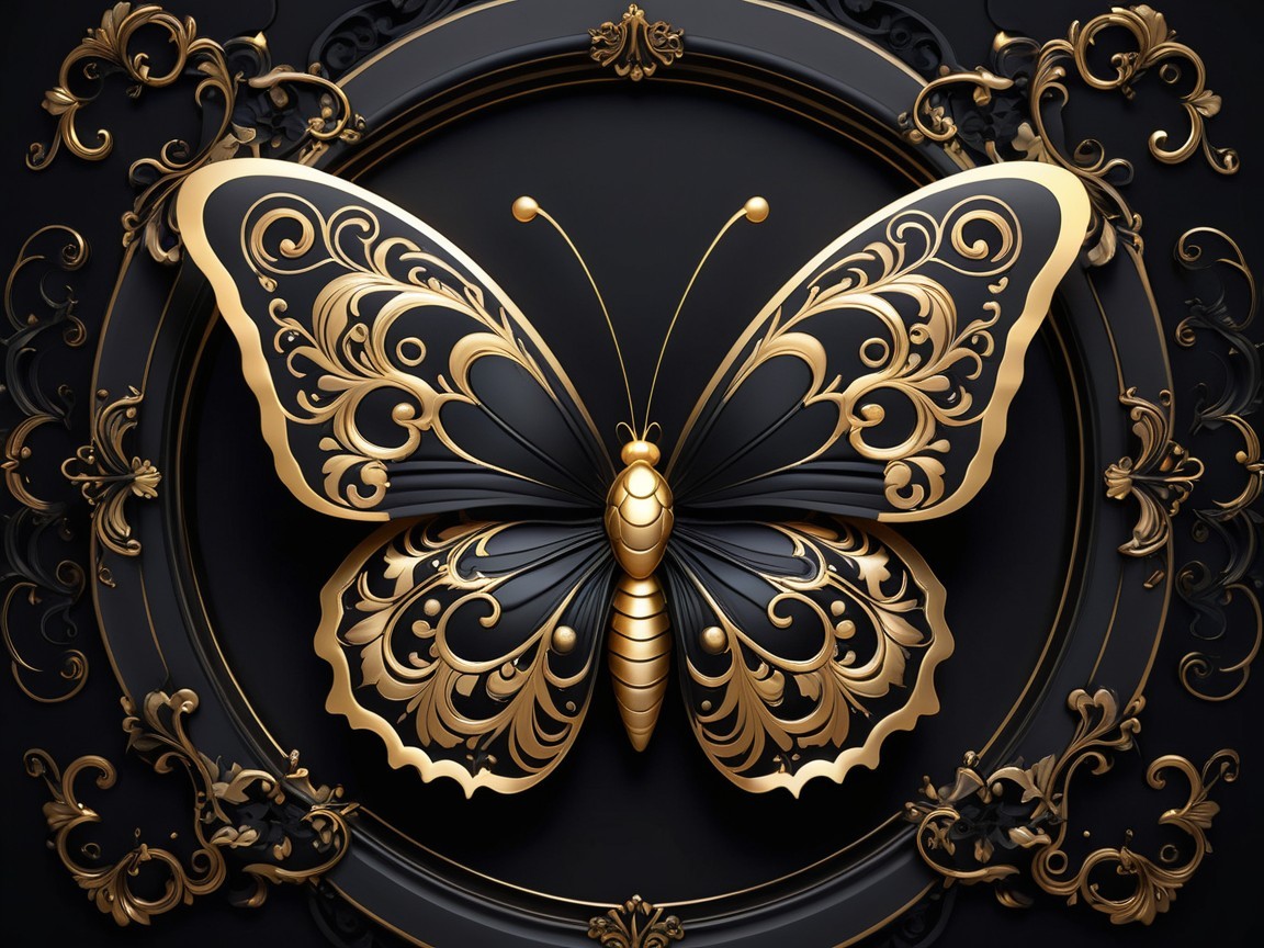 Black and Gold Butterfly with Ornate Filigree Design