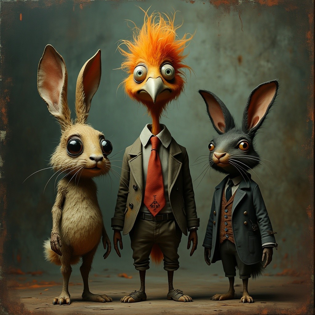 Whimsical Scene with Three Anthropomorphic Characters