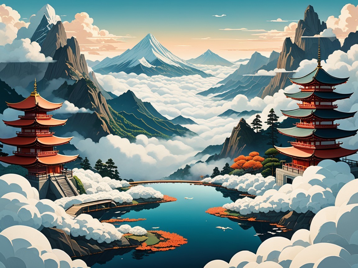 Serene Landscape with Red Pagodas and Mountains