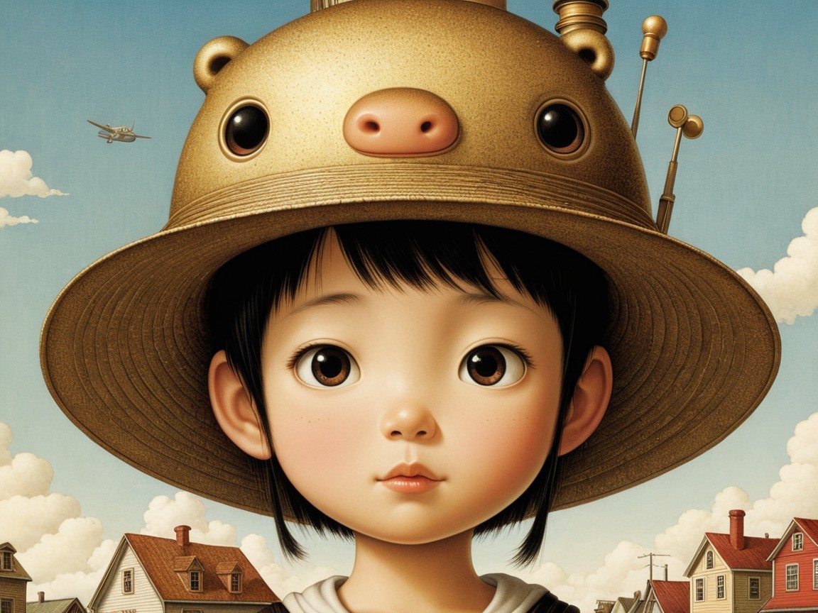 Whimsical Portrait of a Girl with Golden Bear Hat