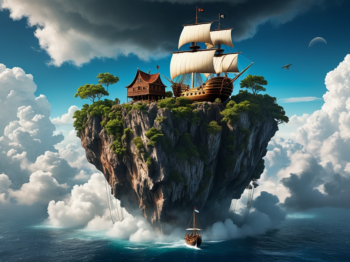 Majestic Ship Above Floating Island with Wooden House