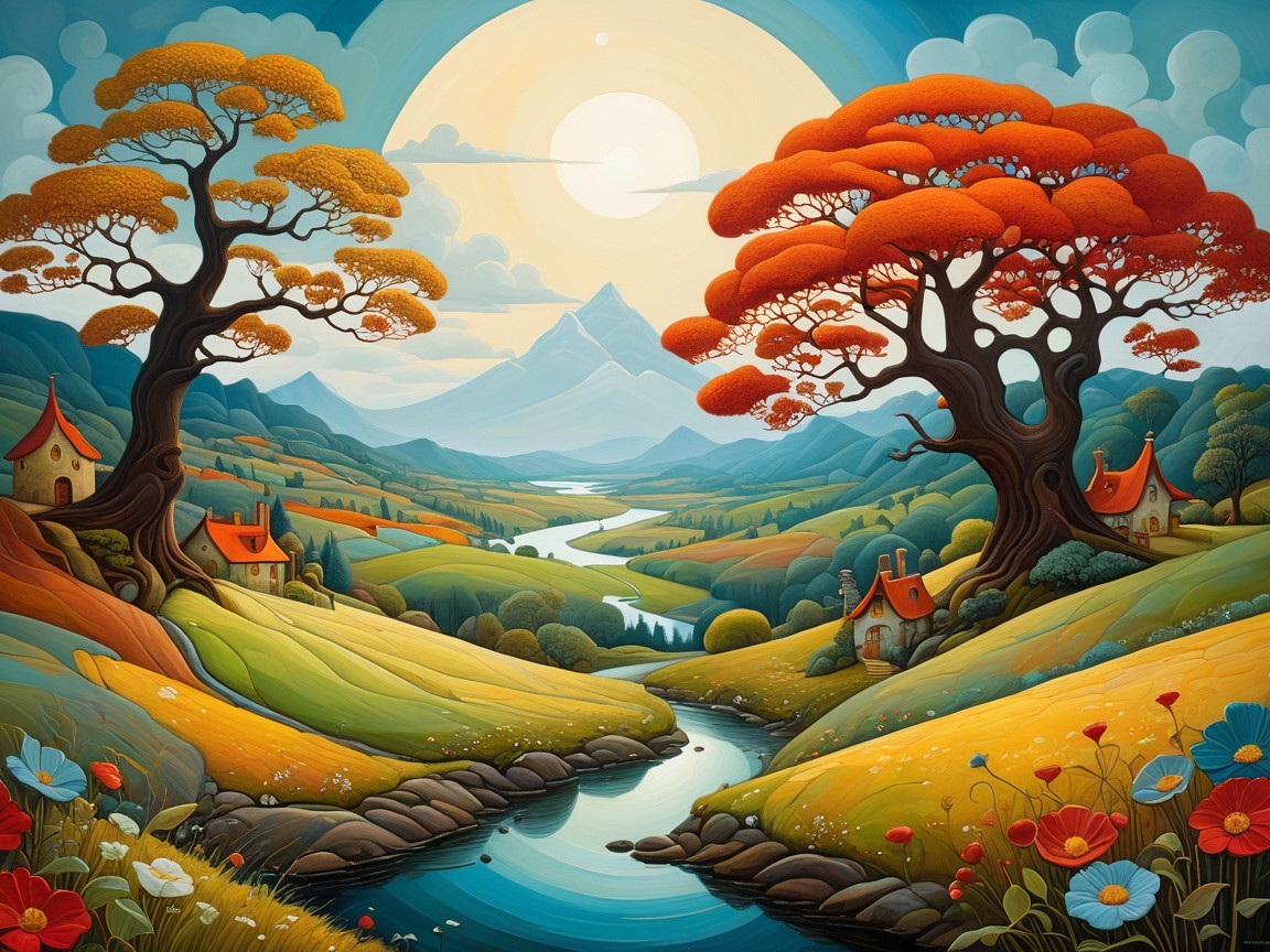 Vibrant Landscape with Colorful Trees and Cottages