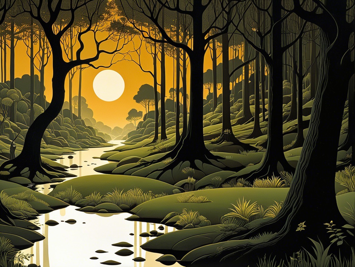 Tranquil Forest Scene at Sunset with Winding Stream
