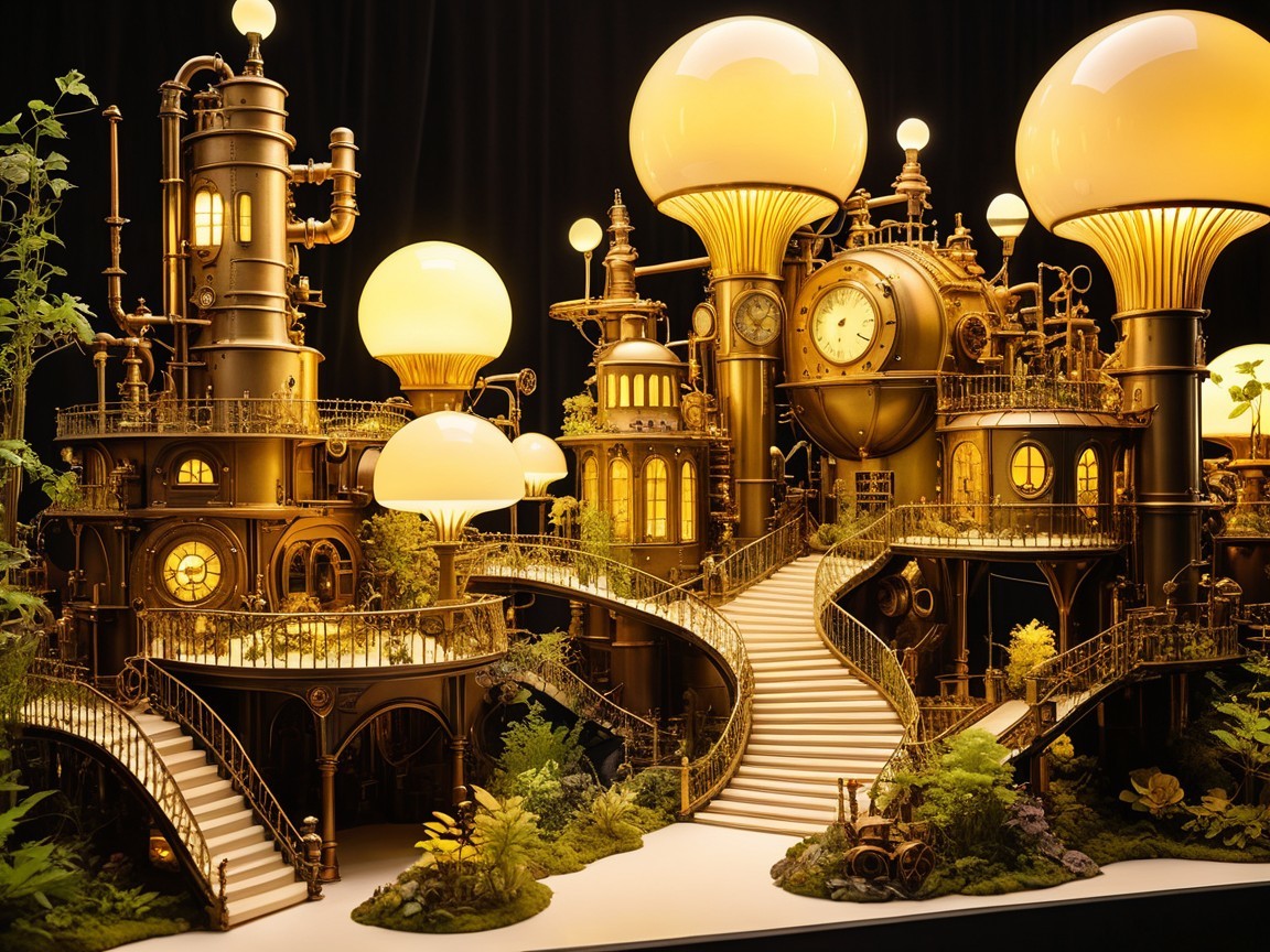 Whimsical Steampunk Cityscape with Brass Buildings