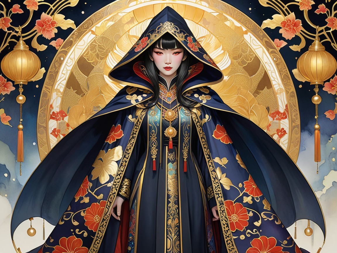 Elaborate Dark Blue Robe with Floral Patterns Displayed
