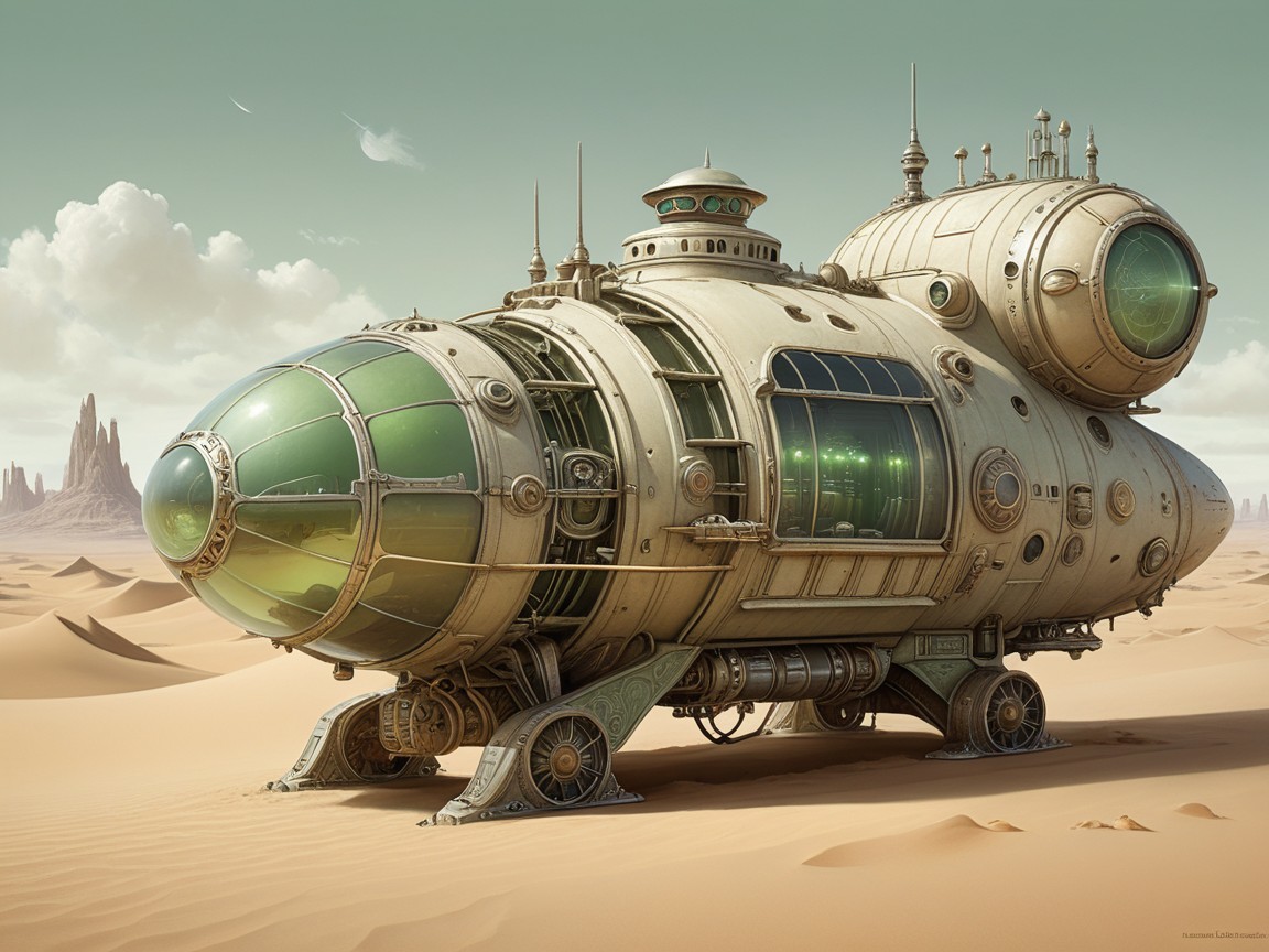 Futuristic spaceship on a desert landscape with rocks