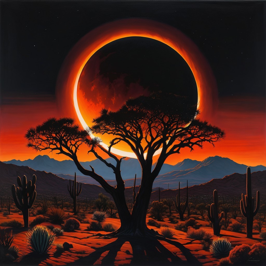 Desert Landscape at Dusk with Solar Eclipse and Cacti