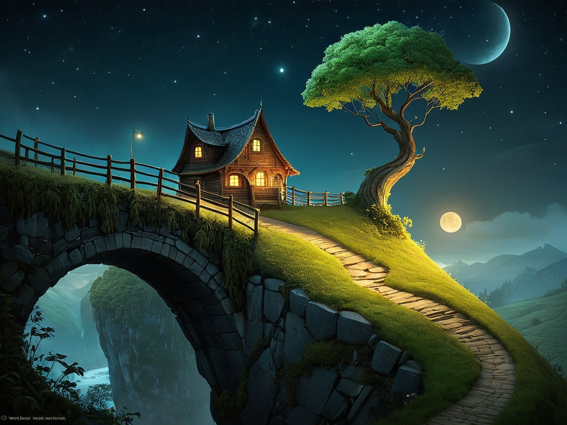 Cozy Cottage on a Hill Under a Starry Night Sky