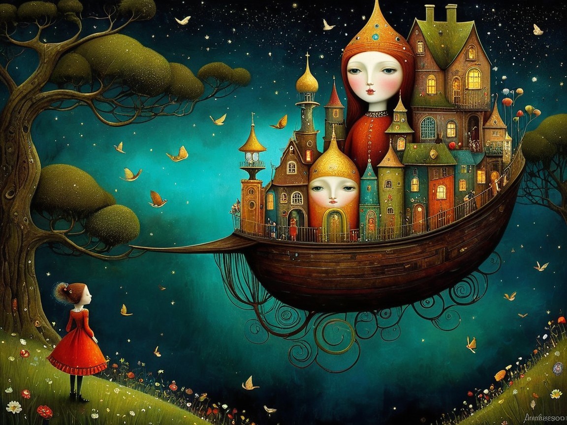 Whimsical Floating Ship Scene with Vibrant Nature