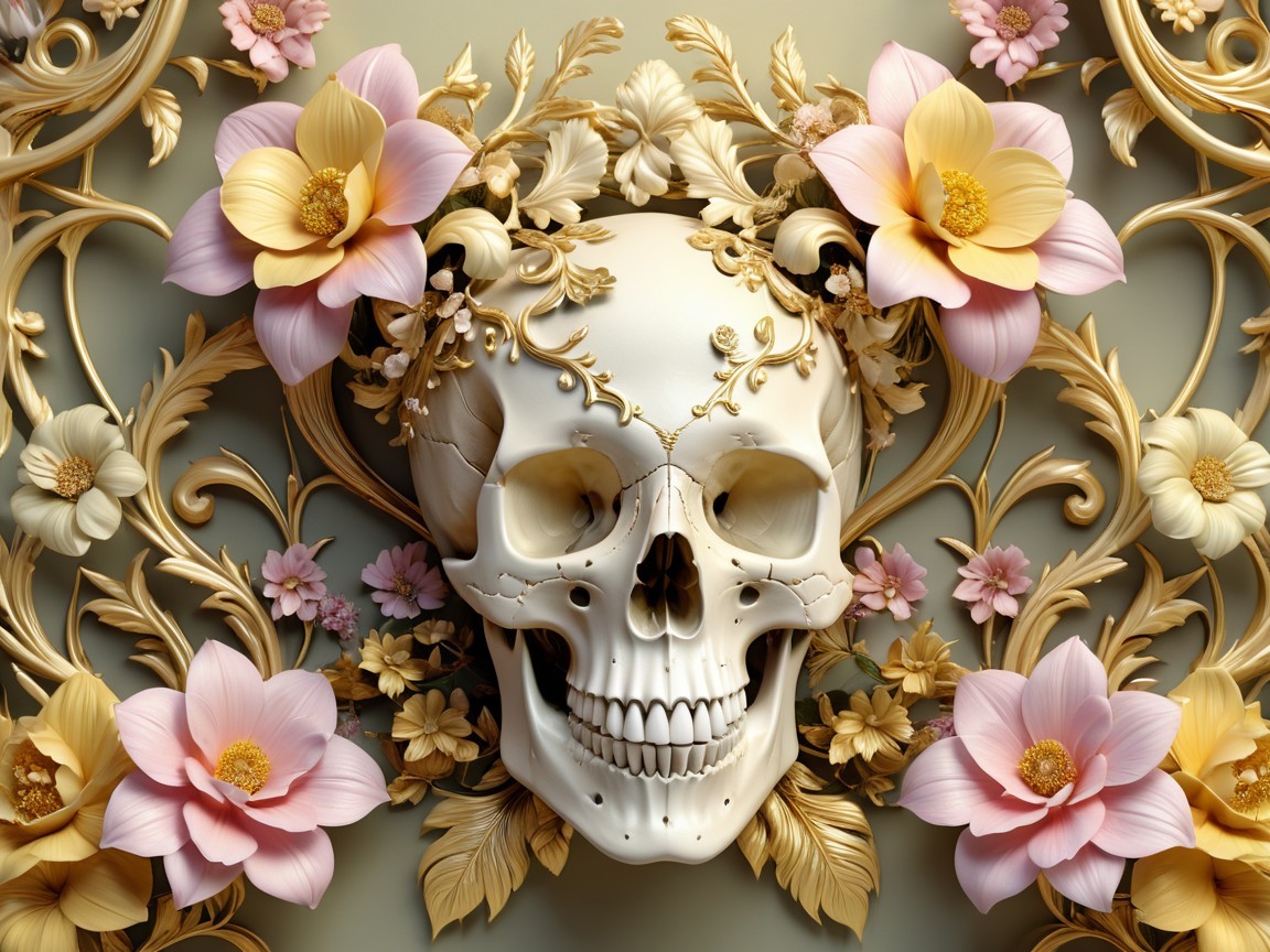 Decorative Skull with Floral Designs and Filigree