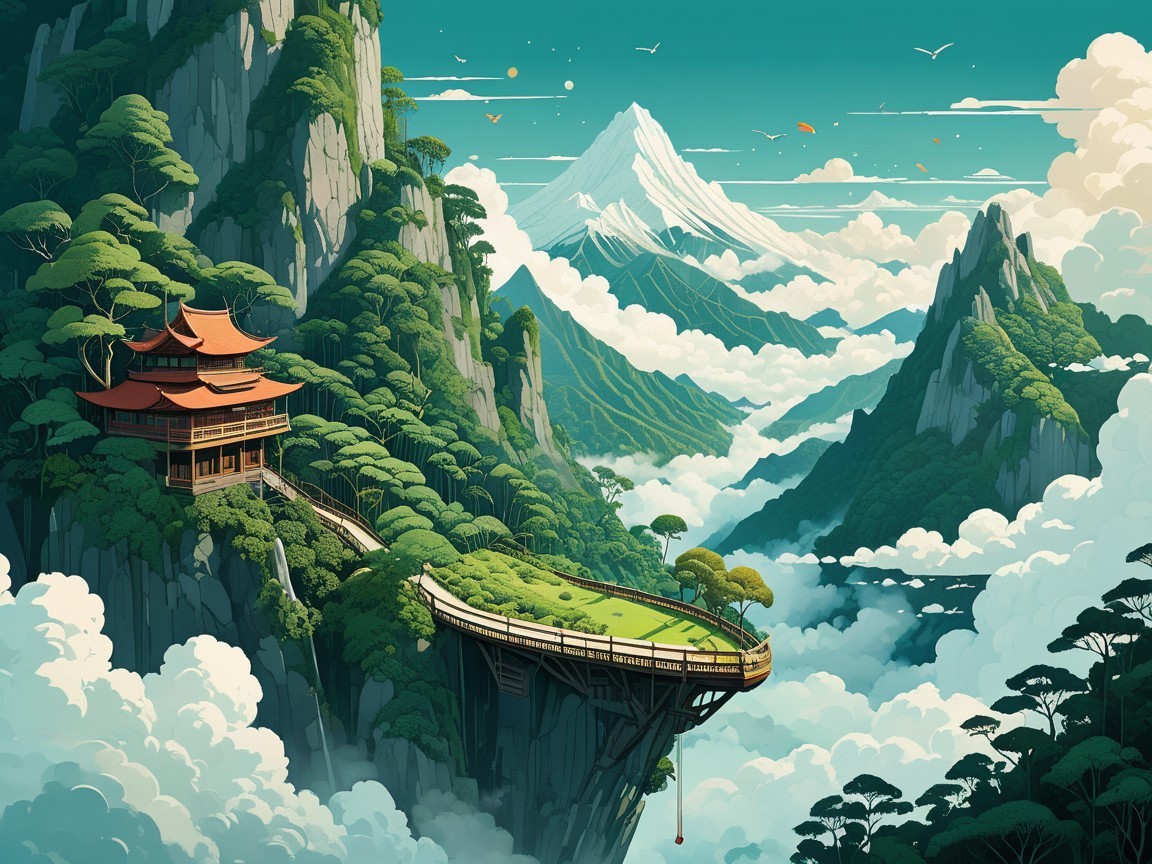 Traditional Asian Pagoda Overlooking Scenic Valley