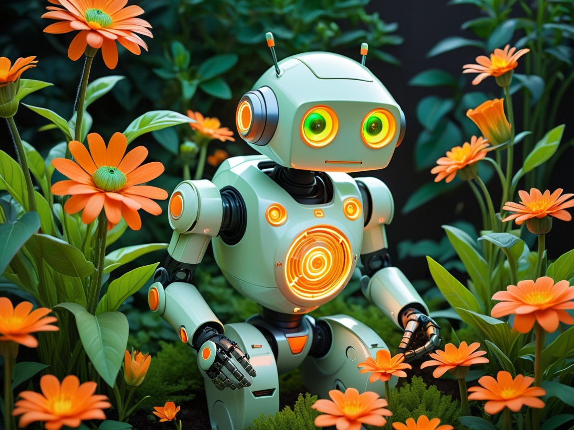 Crouching Robot Surrounded by Colorful Flowers in Garden