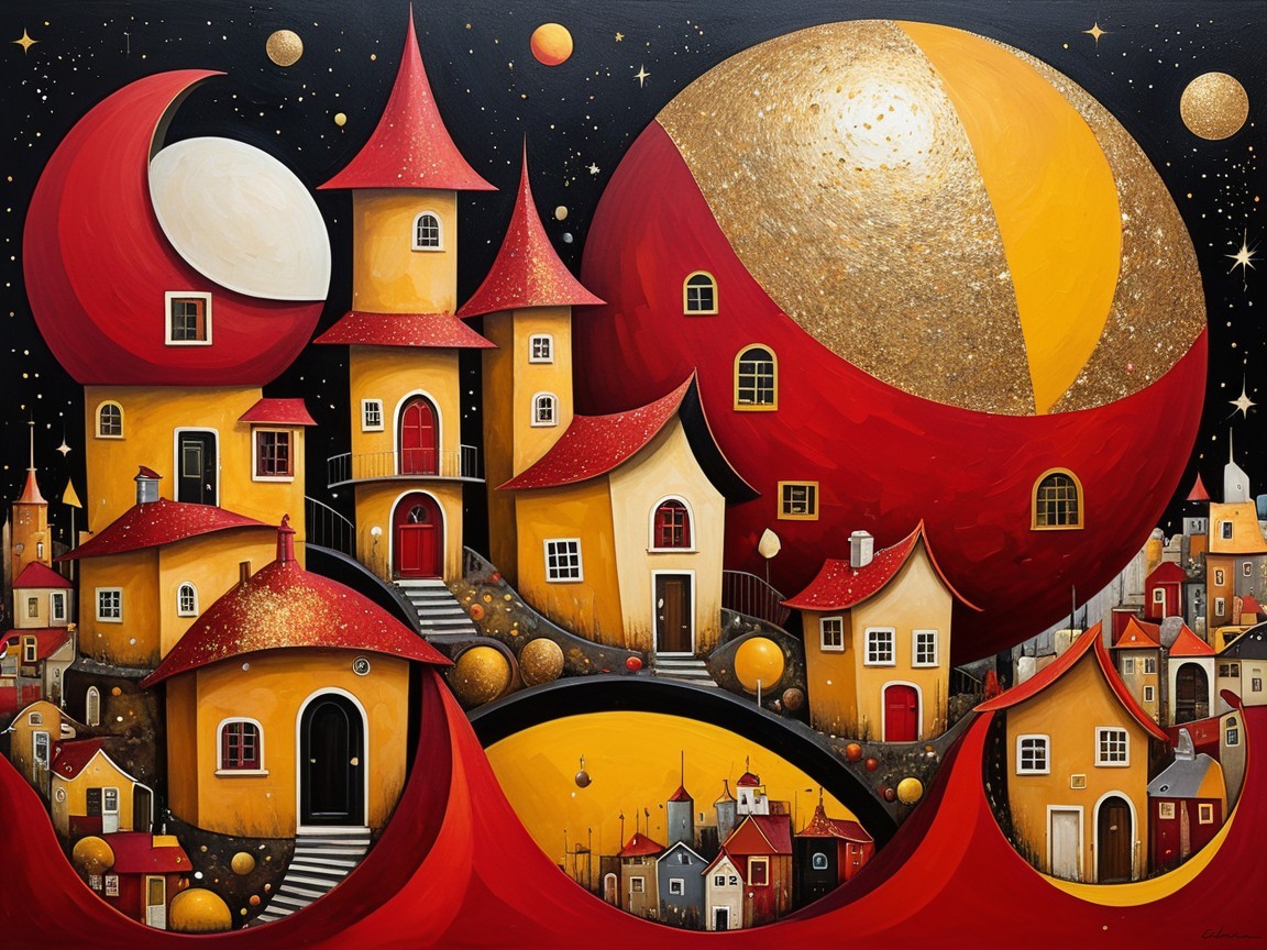 Whimsical Landscape with Colorful Houses and Celestial Elements
