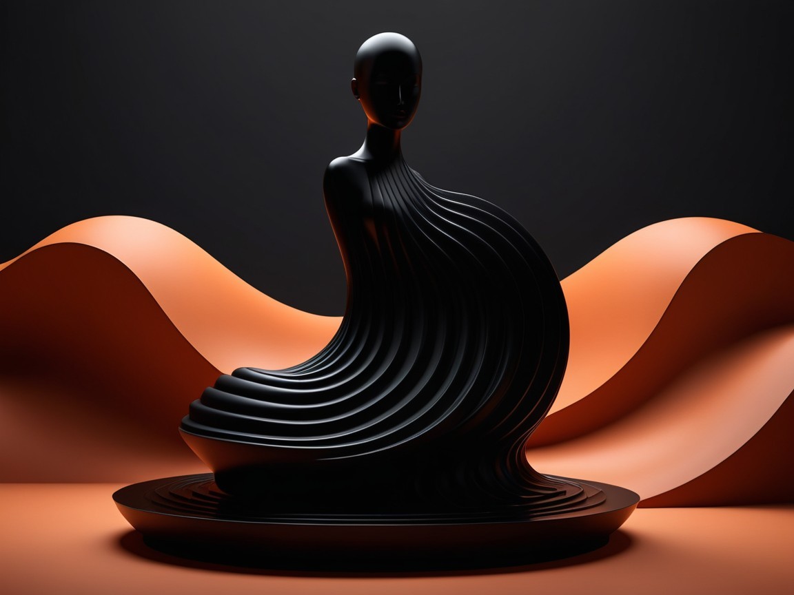 Black Abstract Sculpture of Seated Figure with Orange Waves